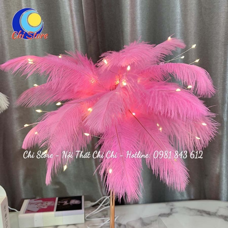 Đèn Ngủ Để Bàn Lông Vũ Chân Nhựa Mạ Đồng Bóng Led Toả, Hẹn Giờ Sáng Và Điều Chỉnh Độ Sáng