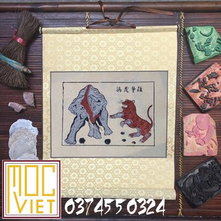 Tranh Đông Hồ Hổ đấu voi tranh cỡ 27x37cm