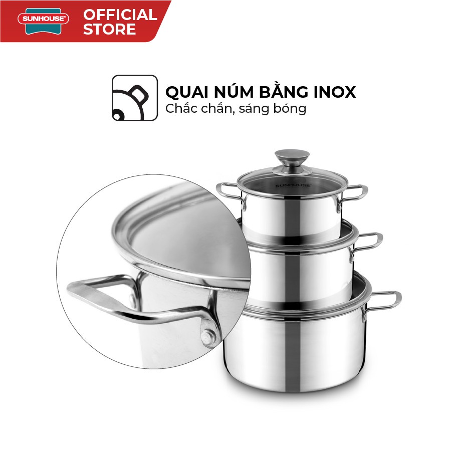 Bộ Nồi Inox 1 Đáy SUNHOUSE SH116 16, 18, 24 cm