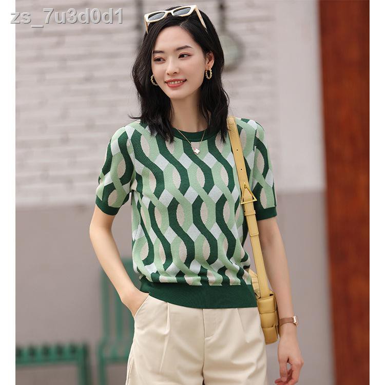 Đầmváy dáng dài▽Băng lụa dệt kim ngắn tay nữ mùa hè sọc retro jacquard lỏng áo len chui đầu cổ tròn mỏng kiểu p