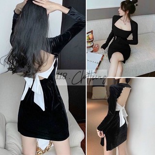 Đầm nhung đen cổ vuông phối cột nơ lưng trắng - kèm hình thật