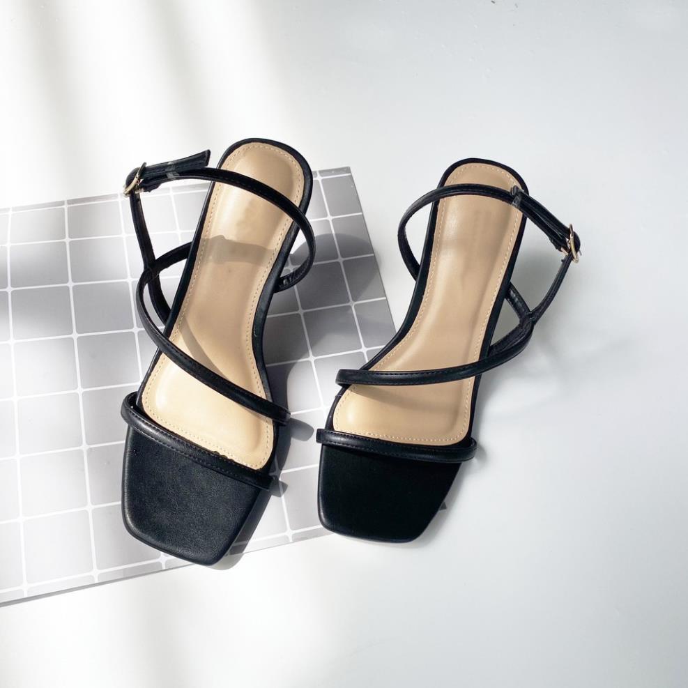 Giày sandal cao gót HISHOO mũi vuông phối dây cao 7cm màu nude S165 ,