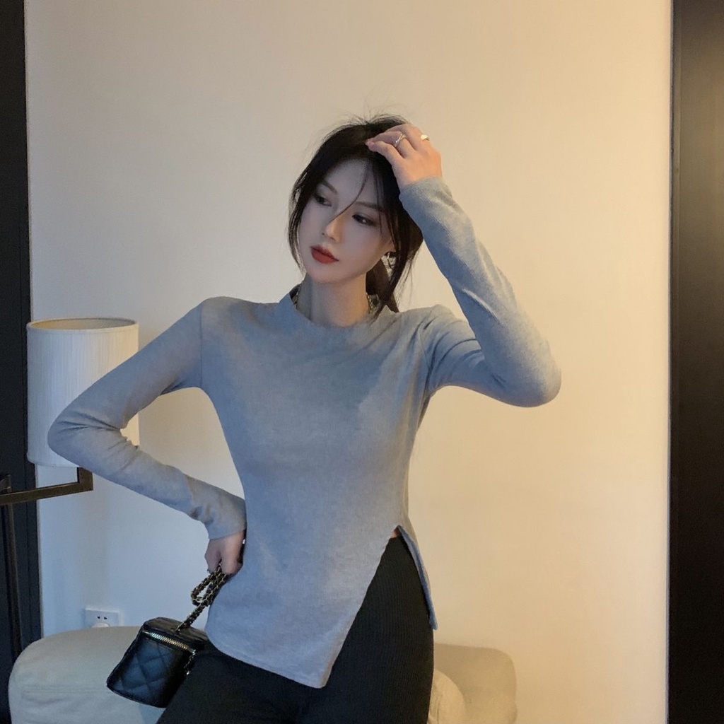 Áo thun COZOKC tay dài dáng ôm xẻ tà sành điệu dễ phối đồ