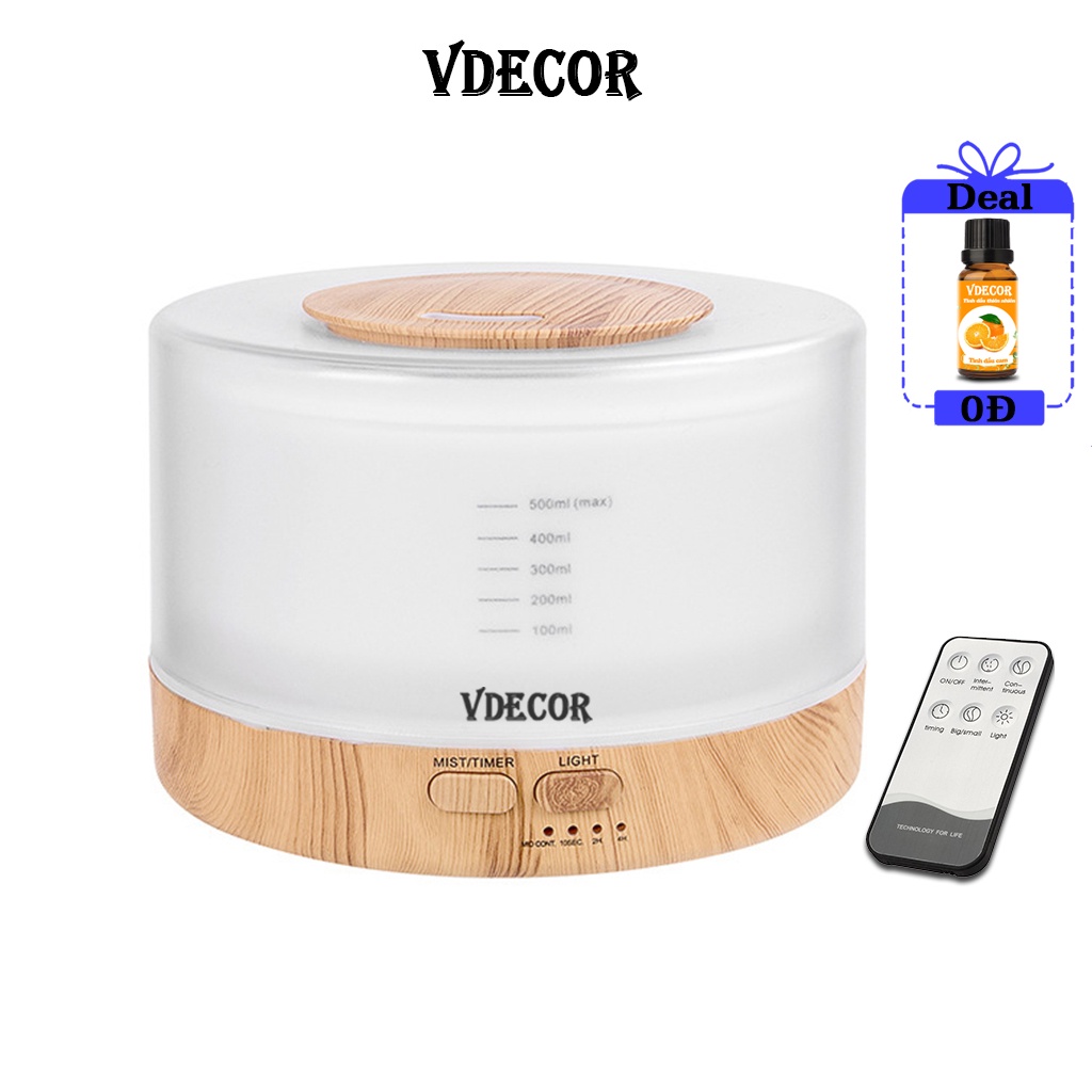 Máy khuếch tán tinh dầu Vdecor phun sương 500ml , Tích hợp led 7 màu làm đèn ngủ