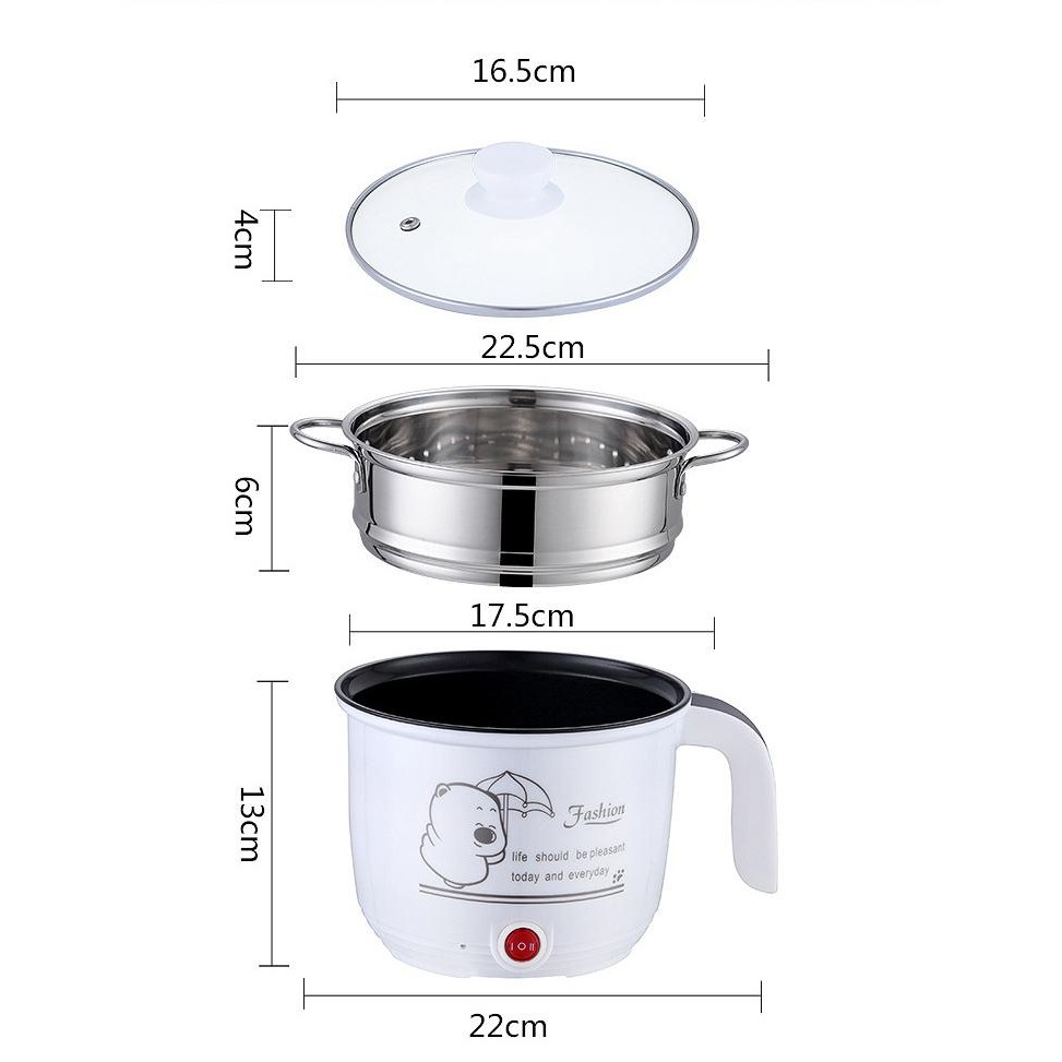 Ca Nấu Mì, Nấu Cơm Đa Năng Chống Dính Có Tay Cầm 18cm - Nồi Lẩu Điện Mini Kèm Giá Hấp INOX Không Gỉ