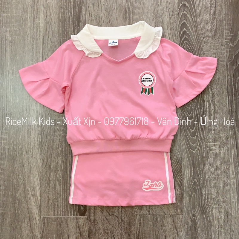 Bộ hè cotton cho bé gái màu hồng viền trắng xuất Hàn