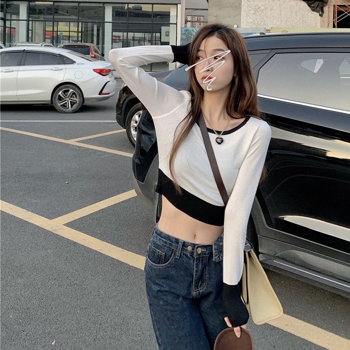 Áo ZHELIHANGFEI dệt kim tay dài hở eo quyến rũ trẻ trung hợp thời trang cho nữ