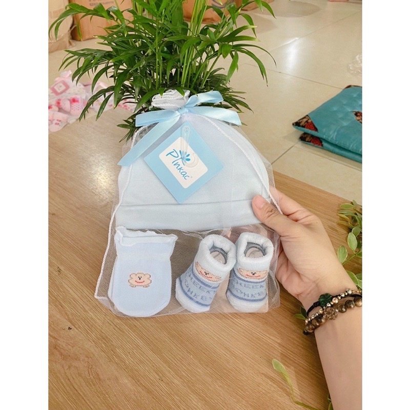 Set quà tặng - Nón, bao tay chân vải cotton len đáng yêu cho bé.