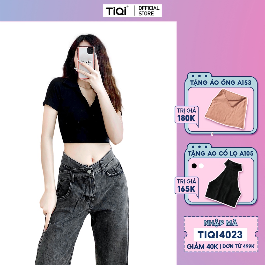 Quần jean ống rộng nữ lưng cao màu đen hack dáng TiQi Jeans B2-225