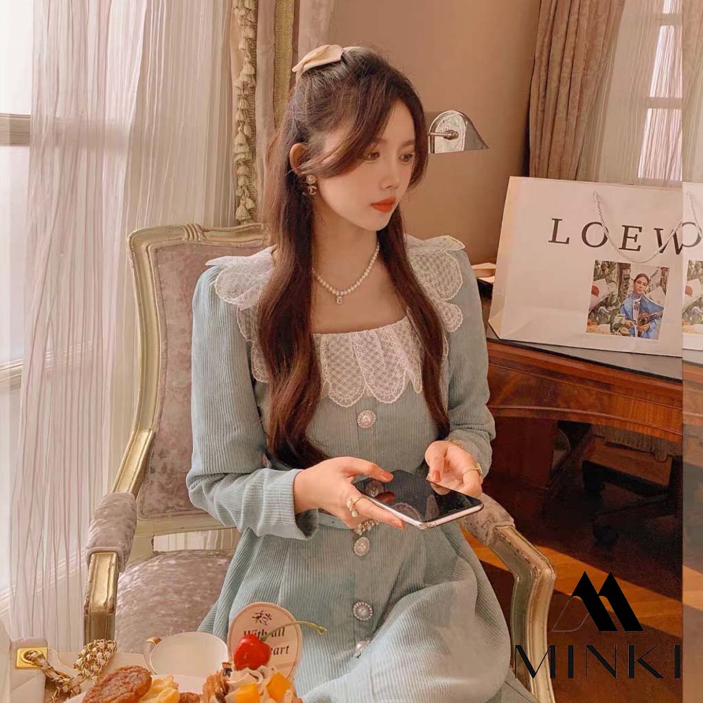 ĐẦM NHUNG GÂN 3 MÀU CỔ REN TRẮNG - CHẤT LIỆU CAO CẤP - MÀU HỒNG / NÂU / XANH | BigBuy360 - bigbuy360.vn