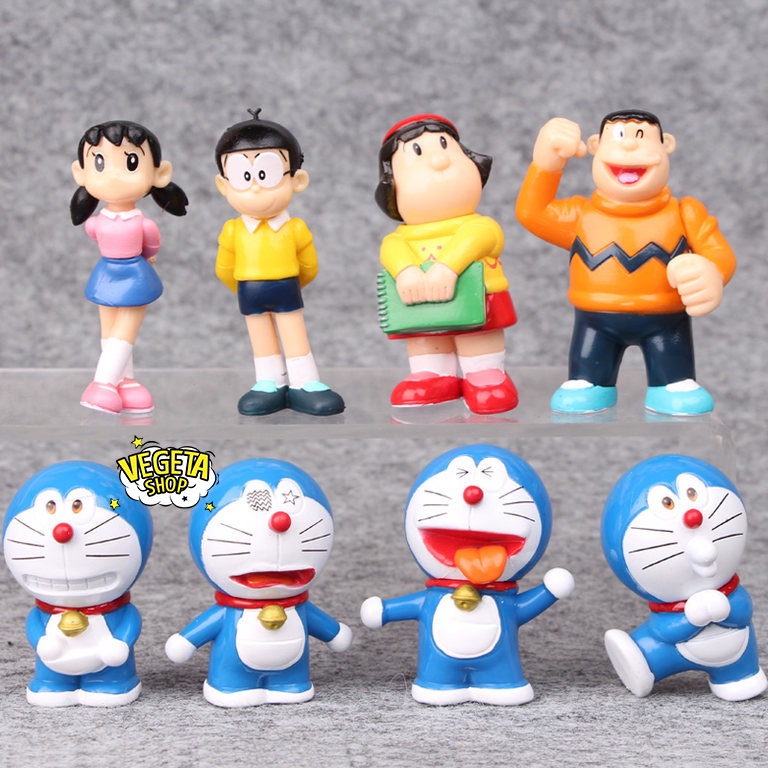 Mô hình Doraemon Doremon - Trọn bộ 8 Mô hình: Nobita Shizuka Jaian Jaiko Doraemon - Xuka Chaien Chaiko - Cao 6~8cm