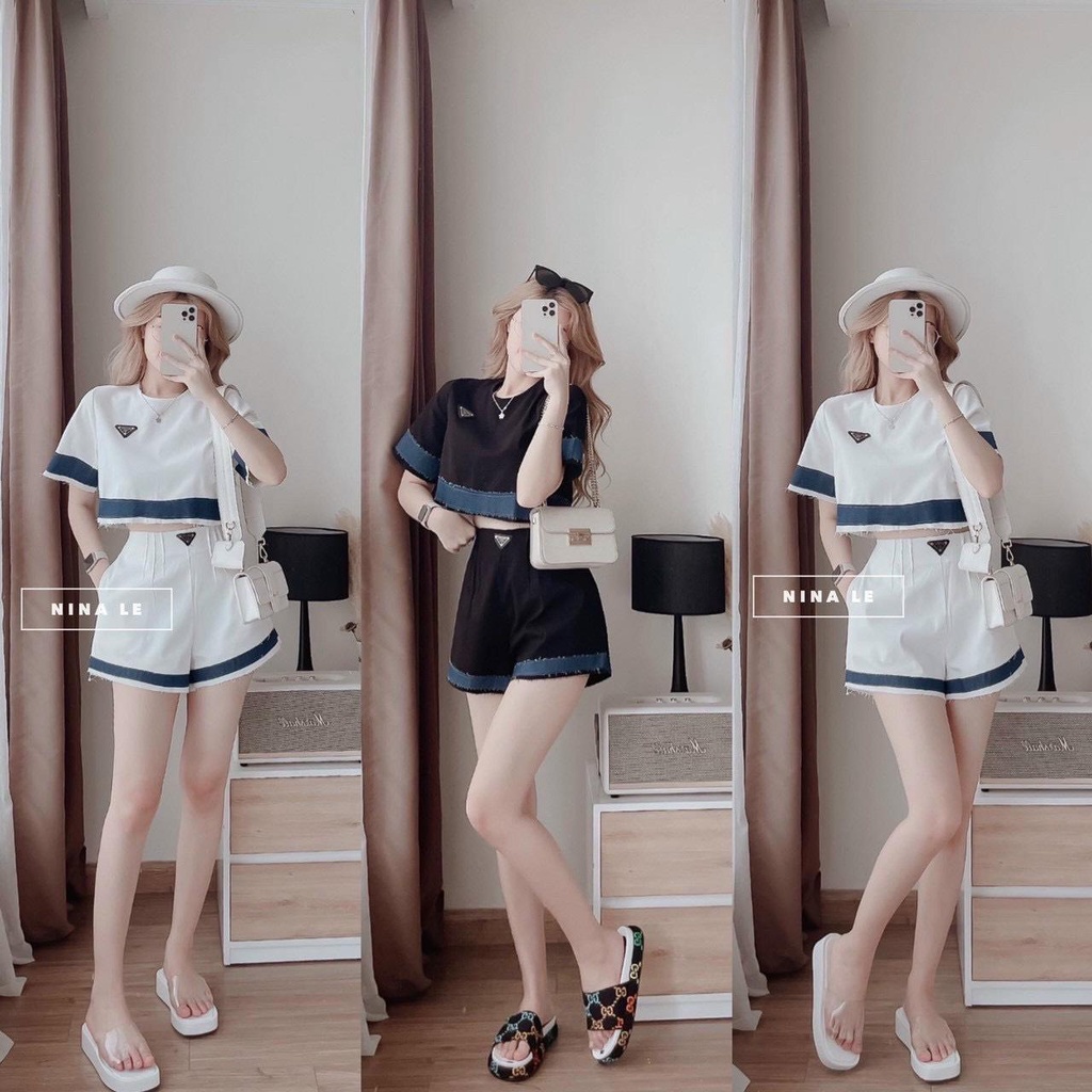Set Áo Croptop và quần Short phối DENIM - Hàng VNXK bao đẹp