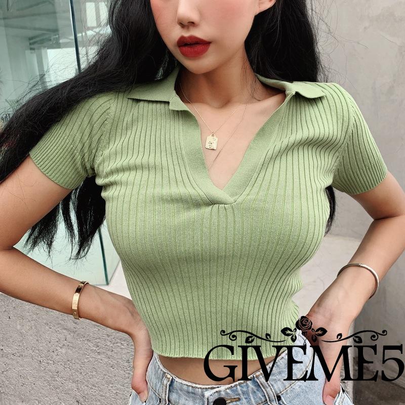 Áo Lửng Dệt Kim Tay Ngắn Cổ Chữ V Thời Trang Năng Động Cho Nữ