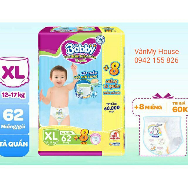 [Tặng kèm 8M] Bỉm/ Tã quần Bobby Jumbo M76+8/ L68+8/ XL62+8 đệm lưng thấm mồ hôi