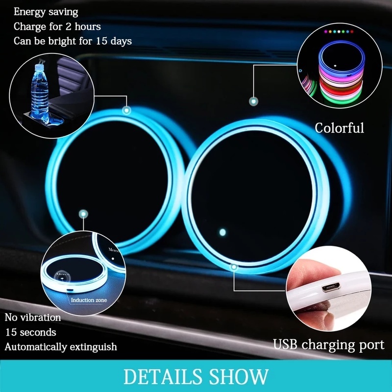 Đế Lót Ly Phát Sáng Nhiều Màu Gradient 3 Chế Độ Có Thể Sạc Lại Với Cổng USB Chống Trượt Cho Xe Hơi