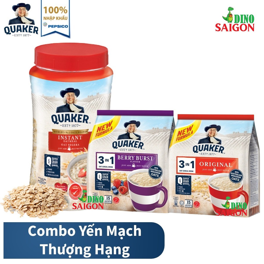 Combo 3 Thức Uống Yến Mạch Quaker gồm 1 Hũ Ăn Liền 600g + 1 Gói 3in1 Vị Truyền Thống + 1 Gói 3in1 Vị Berry Burst