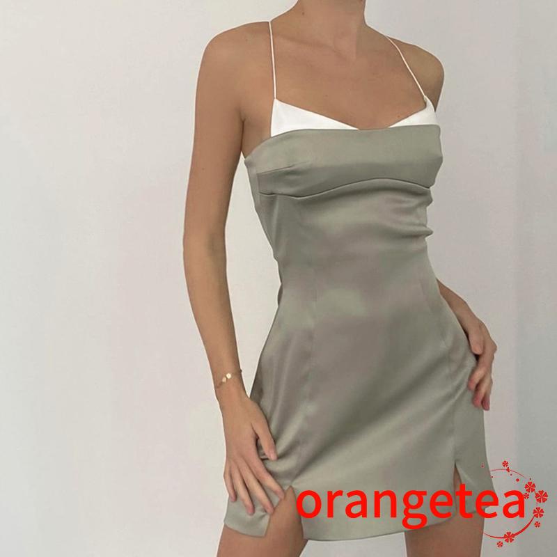 Đầm Hai Dây Lưng Thấp Xẻ Tà Màu Sắc Tương Phản Thời Trang Cho Nữ