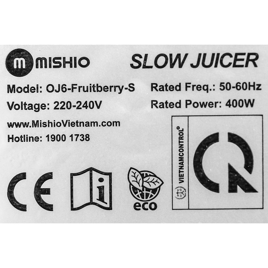 [Mã ELHA22 giảm 5% đơn 300K] Máy ép chậm Mishio OJ6-Fruitberry-S 400 W - Chính hãng BH 18 tháng - Ống nguyên liệu 70 mm