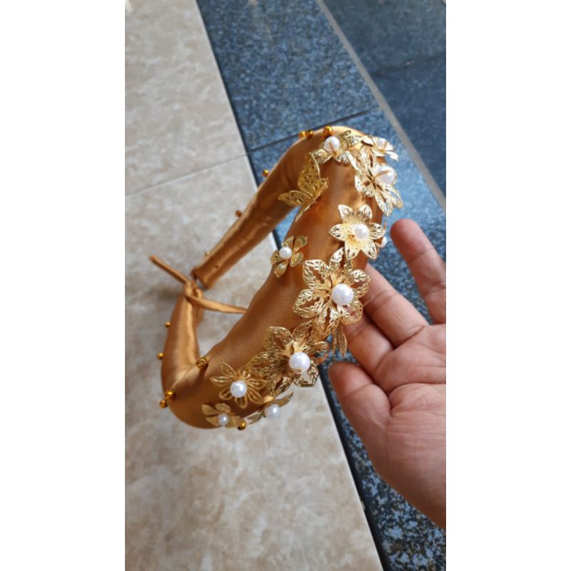 Mấn  đơn đính hoa kim loại mạ vàng, mấn đội đầu thủ công, mấn đội đầu cách tân, mấn áo dài