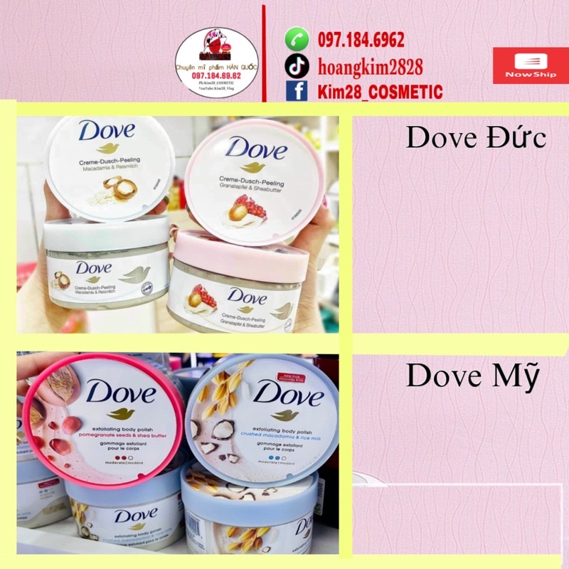 Tẩy da chết Dove Macca và lựu bản Mỹ, Đức giúp mềm mịn sáng da cho body