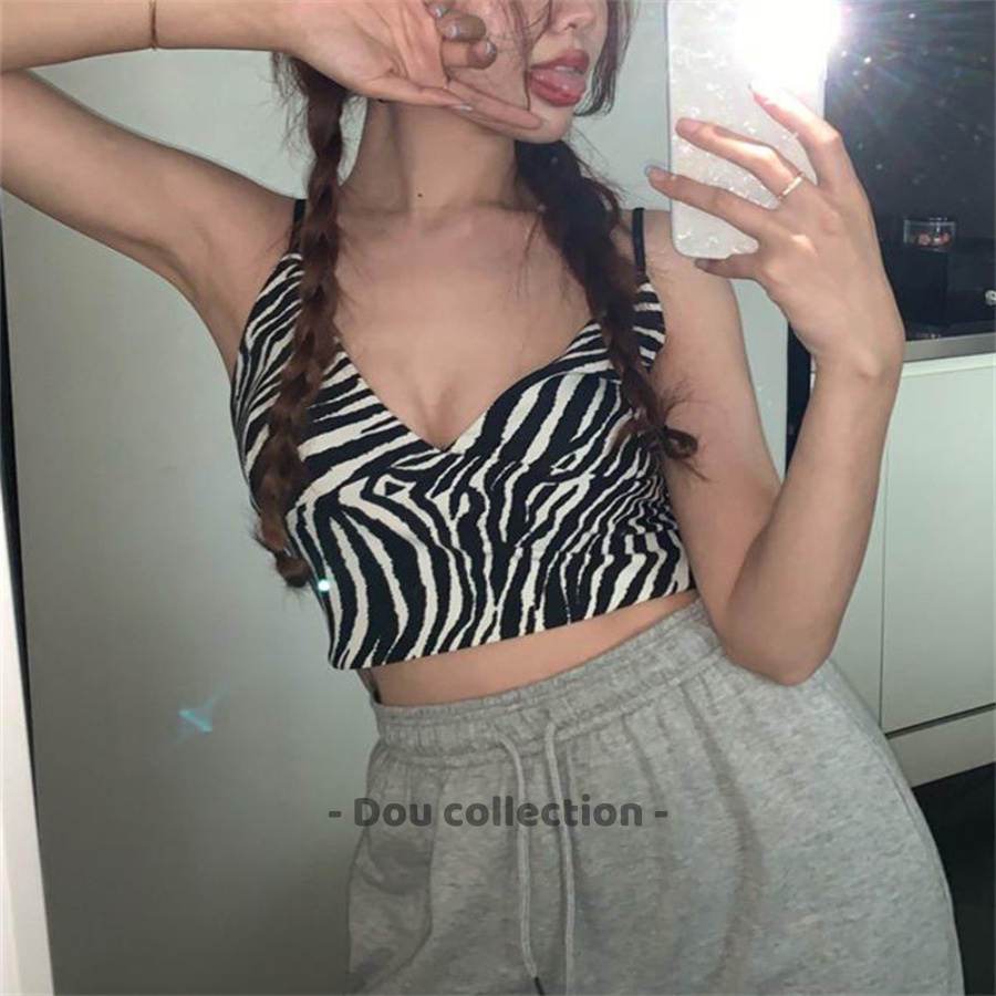Áo Hai Dây Cổ V Họa Tiết Vằn Dáng Croptop Co Giãn Phong Cách Hàn Quốc - Dou Collection - Mã TA037