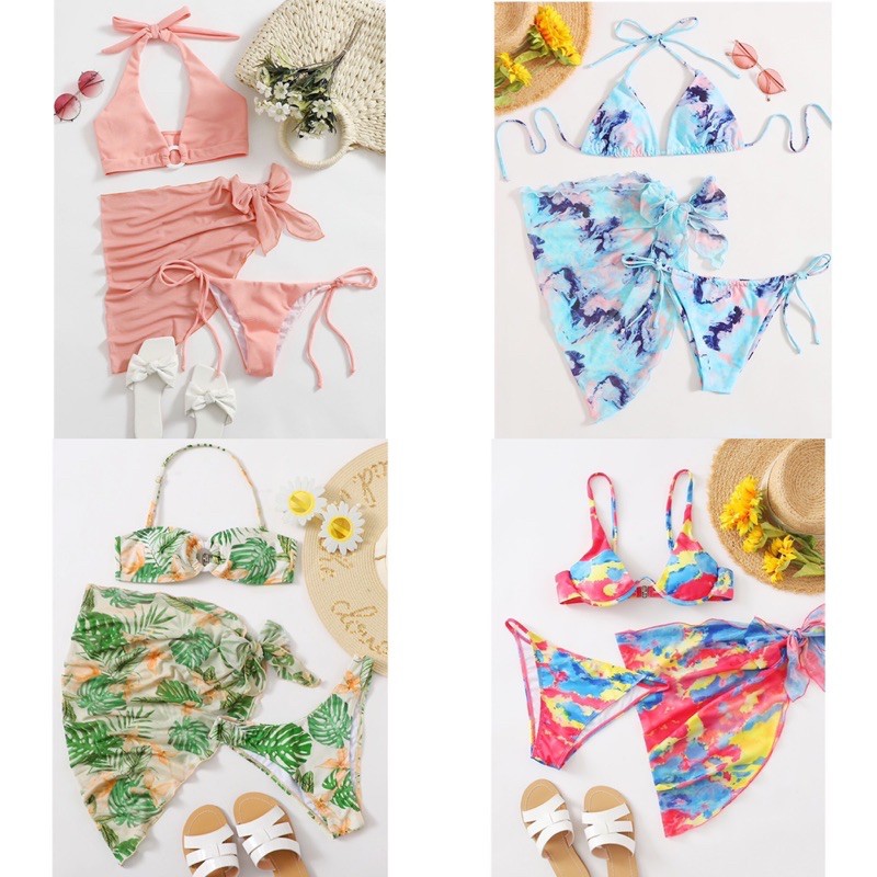 [BKN949] <ÂU> SET BIKINI 3 MÓN KÈM KHĂN HÔNG (4 KIỂU) | BigBuy360 - bigbuy360.vn