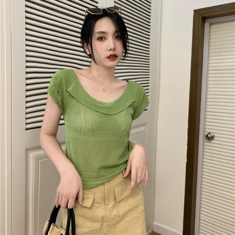 Áo Thun Tay Ngắn Cổ Tròn Thiết Kế Đục Lỗ Thời Trang Ngọt Ngào Cho Nữ