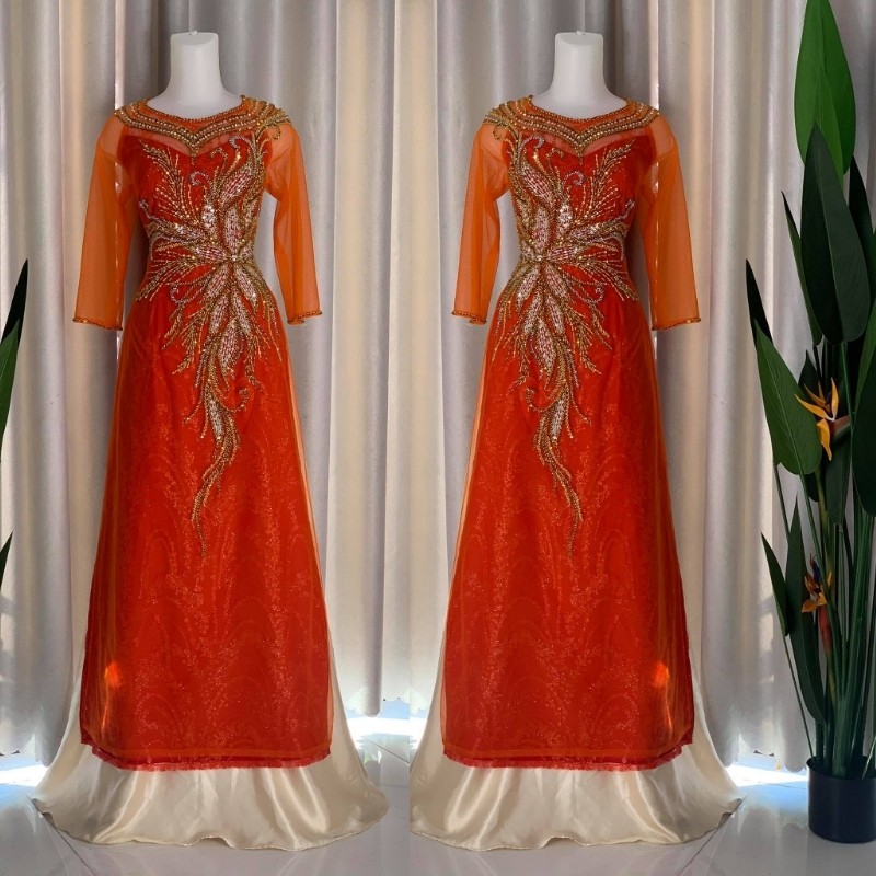 Áo dài cưới hỏi - Áo dài cưới cho mẹ màu vàng cam ADM20