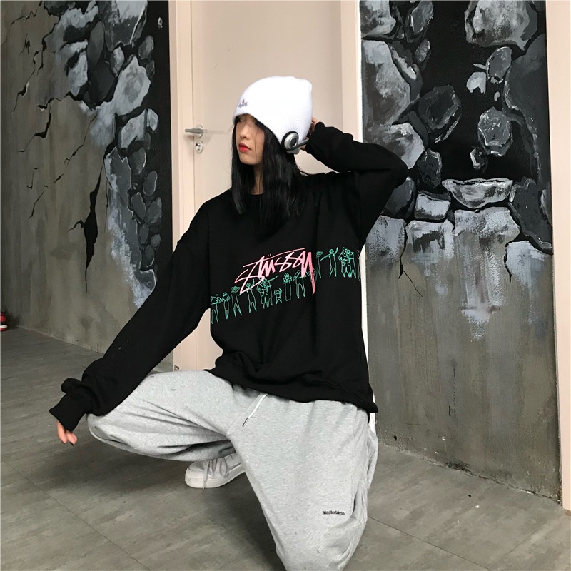 Thương Hiệu Stussy Áo sweater cotton Chui Đầu Cổ Tròn Tay Dài Dáng Rộng In Chữ Stussy Thời Trang Cho Cặp Đôi Nam Và Nữ