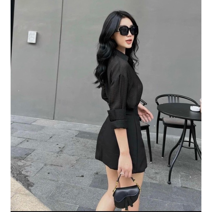 Set áo sơ mi đốm tay dài + chân váy đen