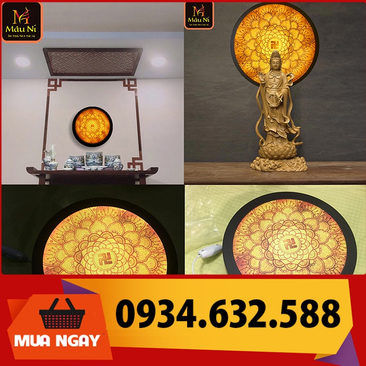 ĐÈN THỜ SAU TƯỢNG PHẬT đường kính 30cm, khung sắt, in tranh trúc chỉ - cho bàn thờ đẹp, Tượng phật bà quan âm