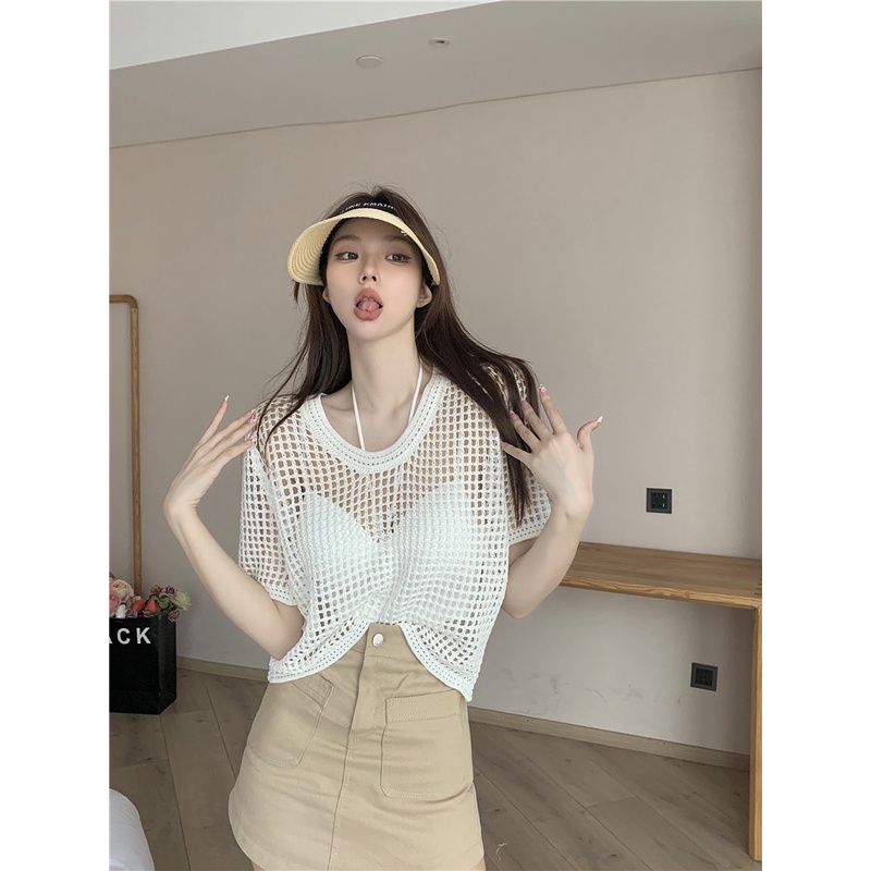 DUNEA Áo Thun Dệt Kim Ngắn Tay Dáng Rộng Kiểu Retro Hàn Quốc 4 Màu Lựa Chọn