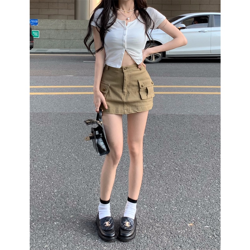 HUANG YOYO  Bộ Áo Croptop Ngắn Tay + Quần Ôm Dáng Thời Trang Hàn Quốc Gợi Cảm quần