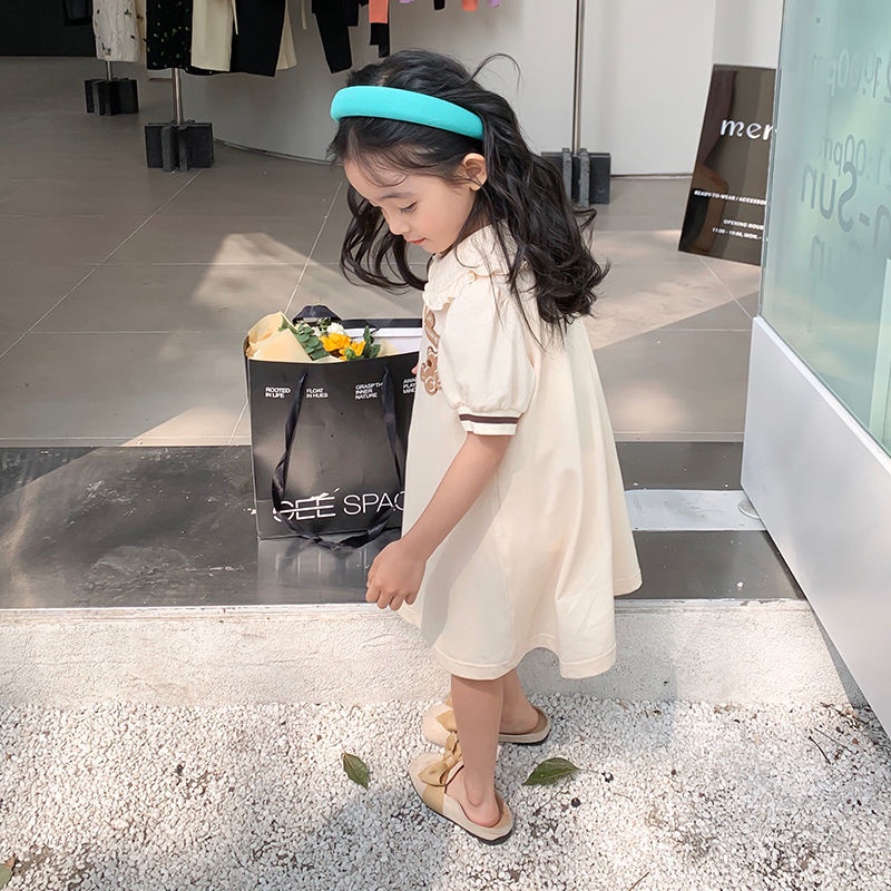 Đầm Cotton Cổ Búp Bê Hở Ngực Họa Tiết Gấu Hoạt Hình Thời Trang Mùa Hè Cho Bé Gái