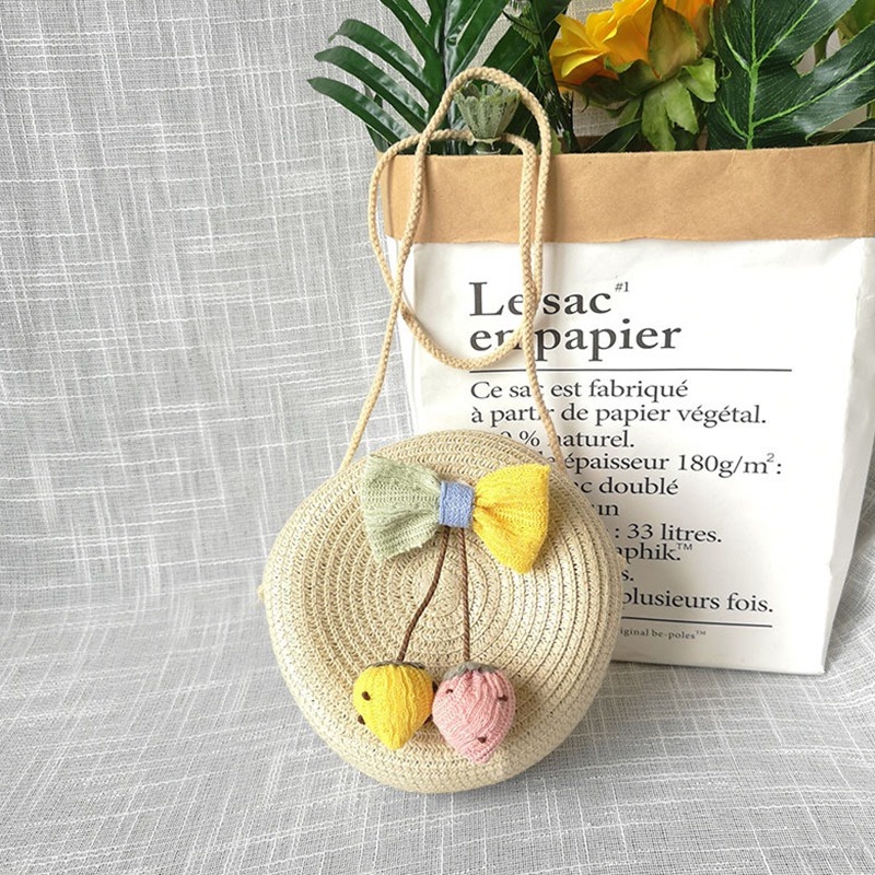 Túi Xách Tròn Đan Rơm Đính Nơ Họa Tiết Hoạt Hình Dễ Thương Cho Bé Gái