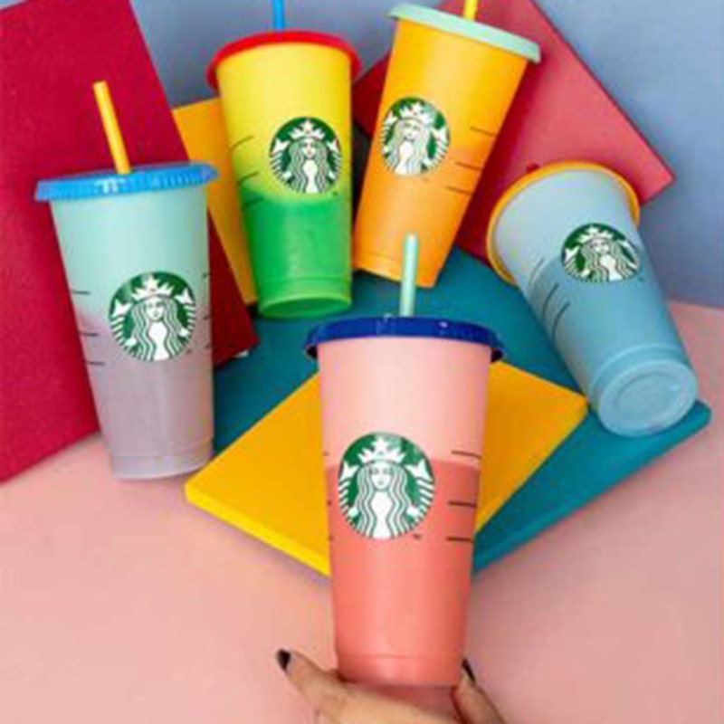 Ly Nhựa Đổi Màu Starbucks Có Thể Tái Sử Dụng Thiết Kế Độc Đáo Ly nhựa 24OZ Starbucks có thể đổi màu và tái sử dụng kèm nắp đậy và ống hút ZANKER