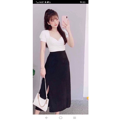 váy dài xẻ đùi kèm áo croptop tay phồng nguyên set dự tiệc dạo phố siêu xinh-S3xưởng 21A