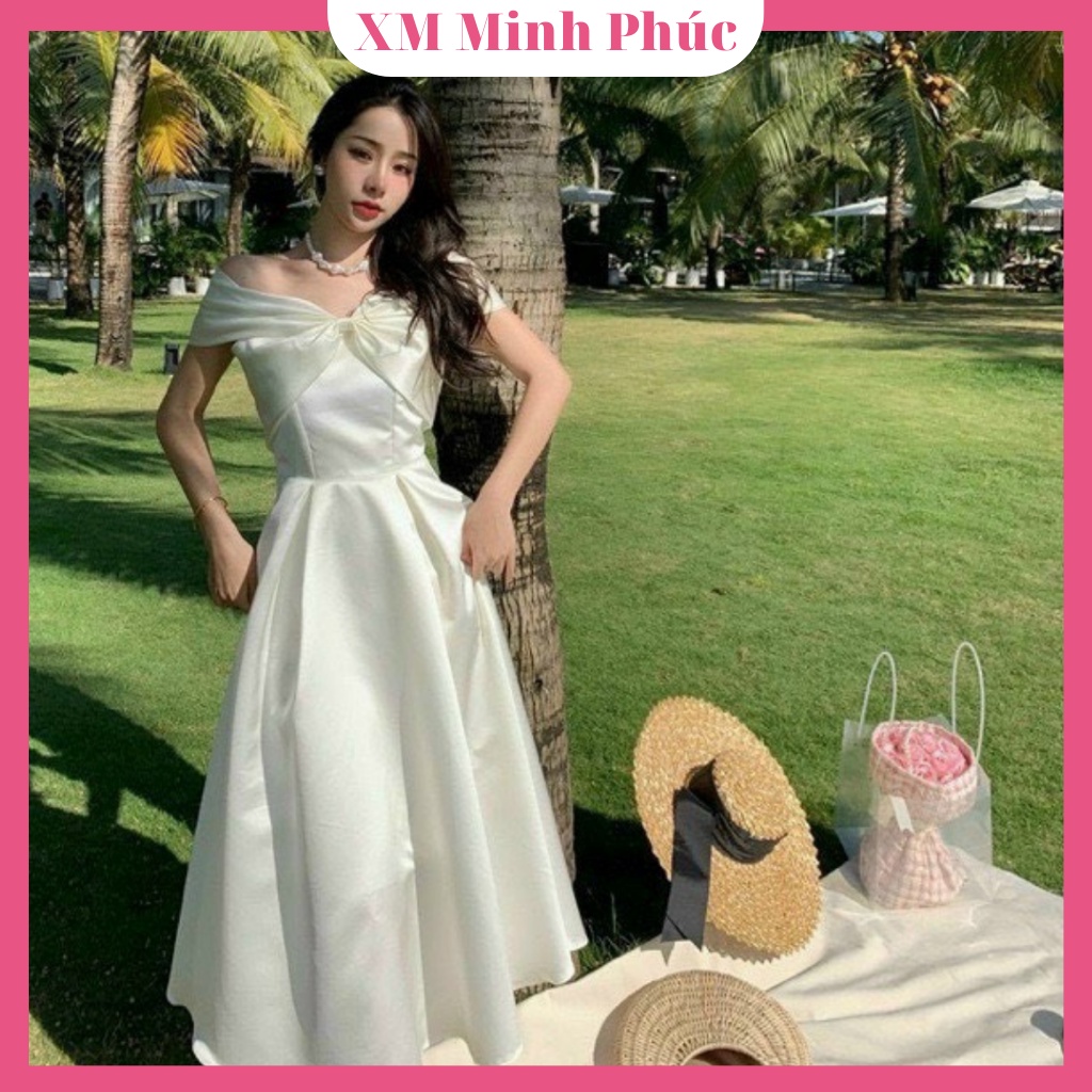 Váy Đầm Dự Tiệc Thiết Kế Trễ Vai Phối Nơ Cách Điệu Màu Trắng Tinh Khôi Sang Chảnh Thời Trang Nữ Xm Minh Phúc