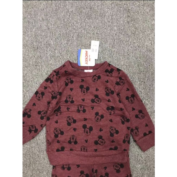 Bộ nỉ bông mỏng nhẹ Disney Mickey đỏ mận cho bé trai bé gái