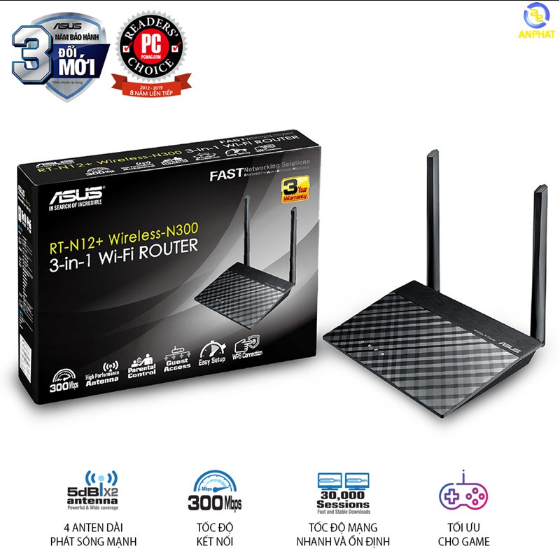 Bộ Phát Wifi Không Dây ASUS RT-N12+ Chuẩn N Tốc Độ 300Mbp - Hàng phân phối chính thức BH 36 tháng