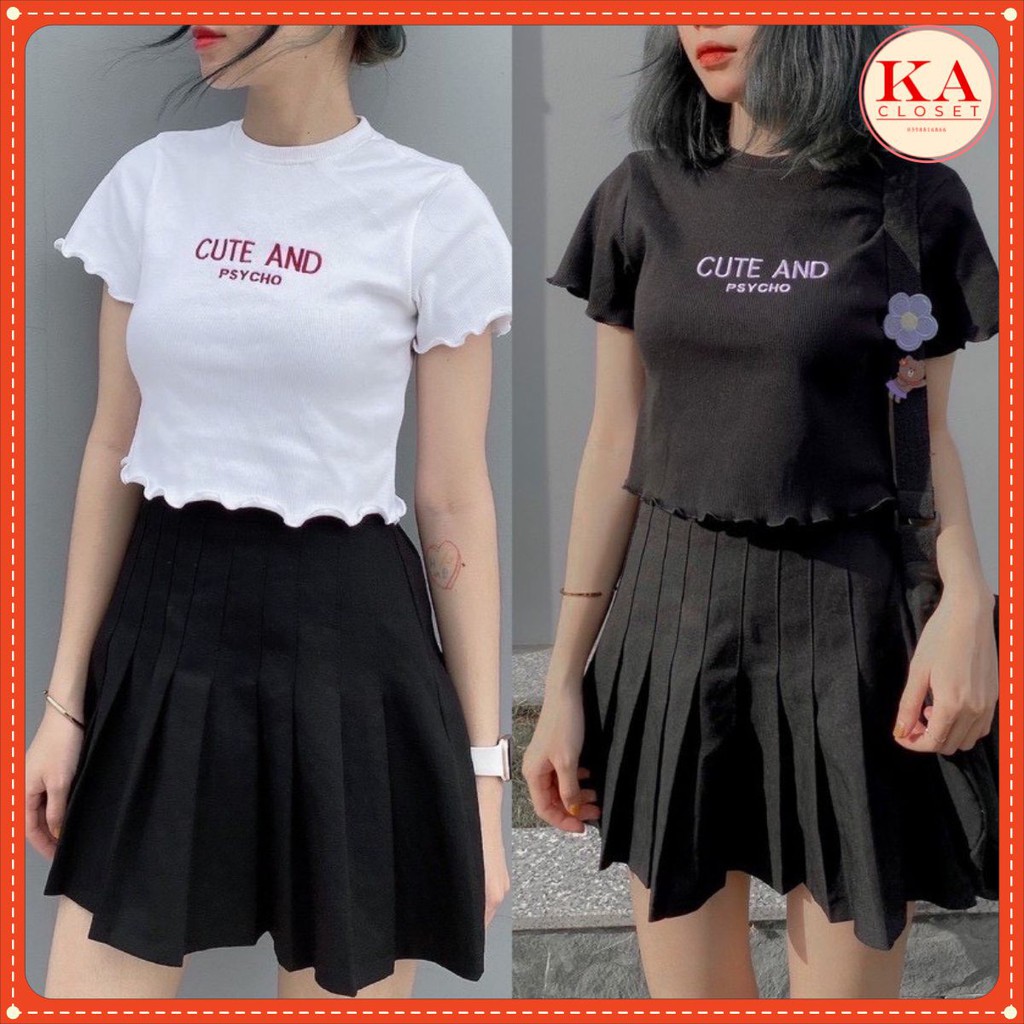 Áo croptop cute KA Closet chất zip cotton co dãn ko xù hàng đẹp, chữ thêu, 2 màu Đen Trắng siêu hot