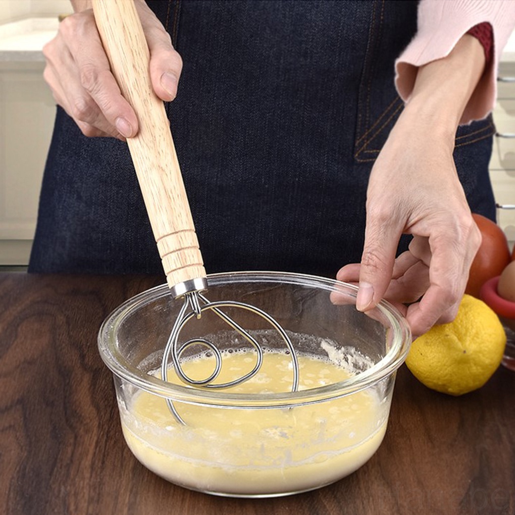 HB-Dough Whisk Wood Handle Stainless Steel Dough Beater Kitchen Baking Mixer Blender, Single Hole