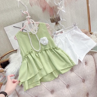 Xả Set bánh bèo hoa trà quần trắng bé gái