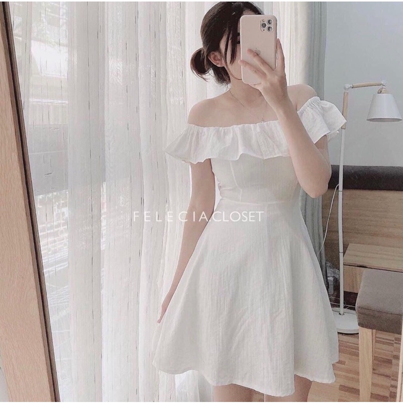 Váy trễ vai tiểu thư - Váy bẹt vai chun lưng dáng ngắn