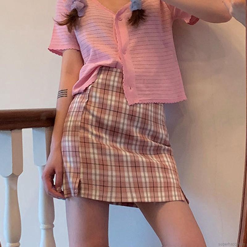 Chân váy mini kẻ ô caro eo cao thời trang cho nữ