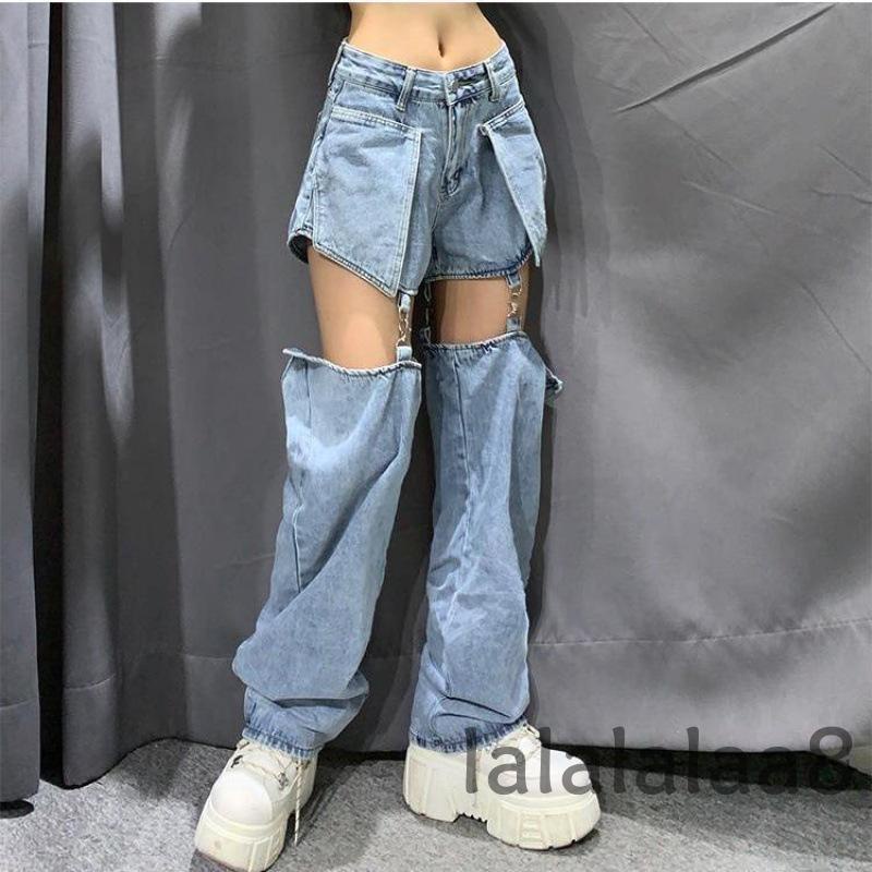 LAA8-Quần jean ống thẳng màu xanh dương trơn đa năng tháo rời được cho nữ XS/ S/ M/ L/ XL