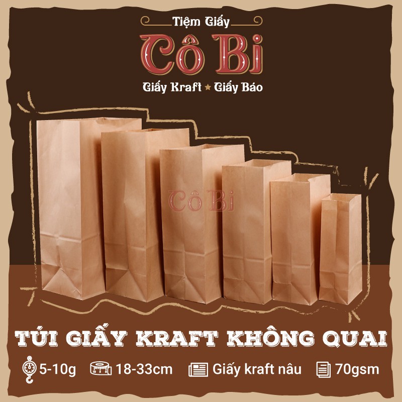 10 túi giấy kraft 70gsm Cô Bi | Túi xi măng đựng hàng, đựng thực phẩm | Túi giấy nâu không quai mang đi nhiều kích cỡ