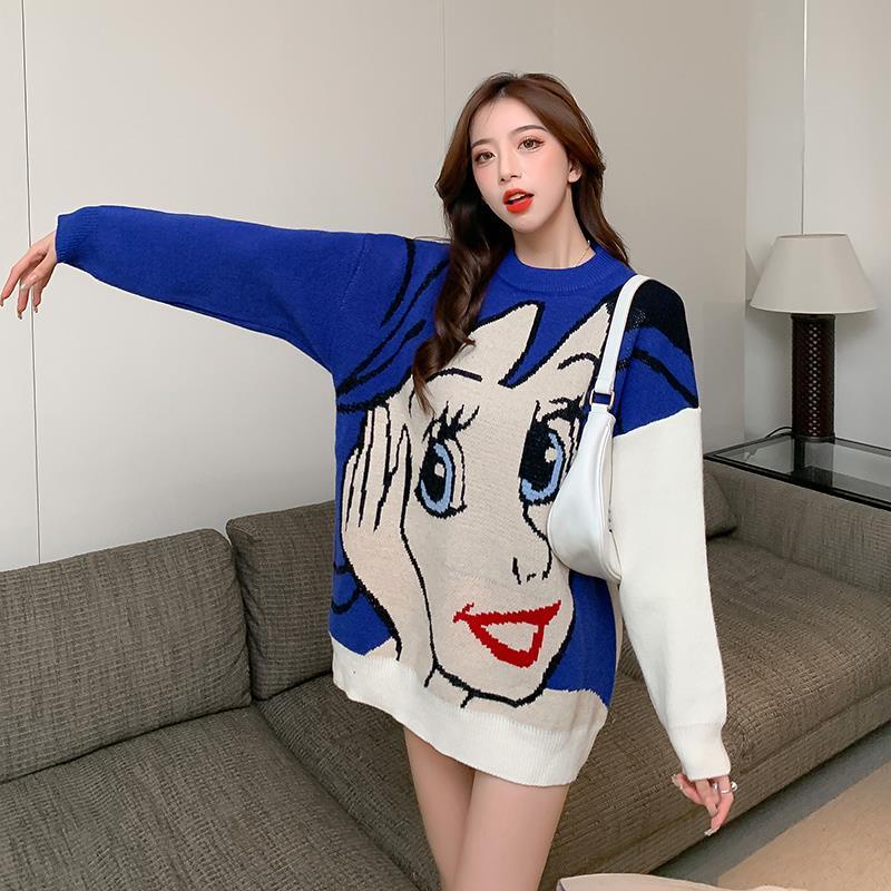 Áo Sweater Dệt Kim Dáng Rộng In Hoạt Hình Nàng Tiên Cá Cỡ Lớn Thời Trang Thu Đông Cho Nữ