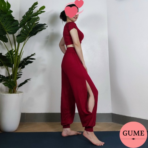 Bộ đồ tập Yoga, gym, zumba, alibaba xẻ chân chất cotton lạnh màu đỏ đô