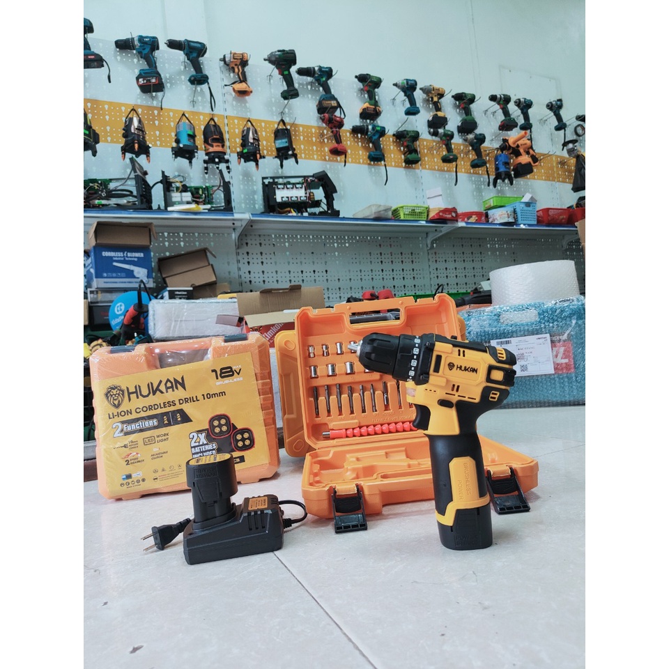 Máy khoan pin 10ly nhỏ gọn HUKAN 16,8V 4 cell Model HK-XC5 không chổi than kèm 24 phụ kiện